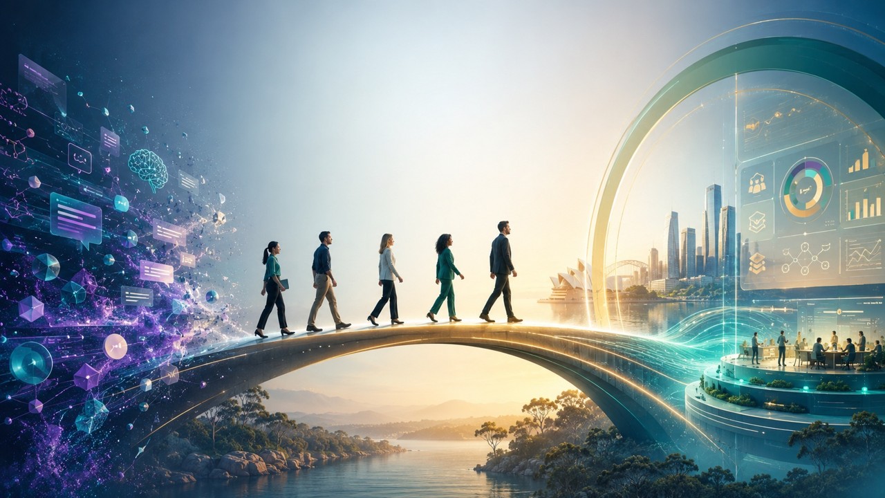 People crossing a bridge from AI experimentation to enterprise value